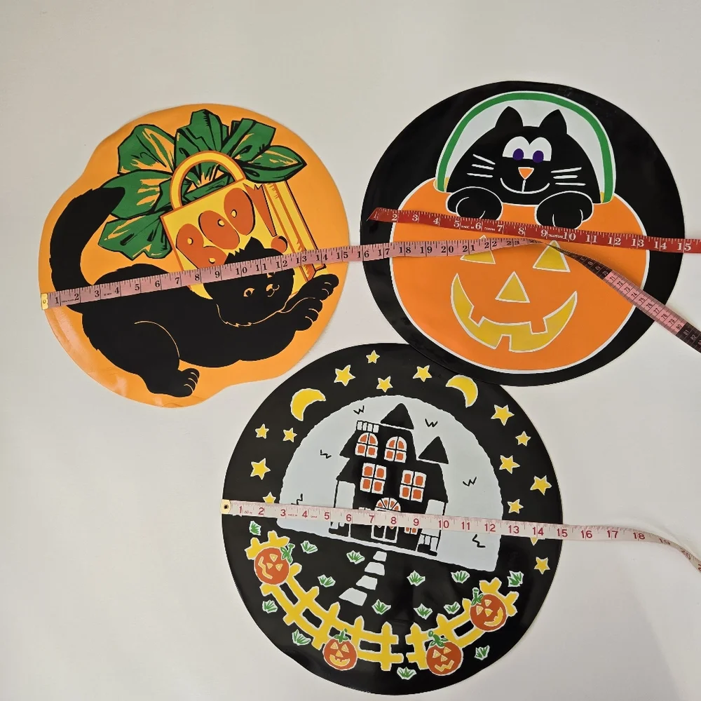 Vtg 80s Vinyl Halloween Placemats Black Cat Spooky Ghost Vinyl Nostalgia Round‎